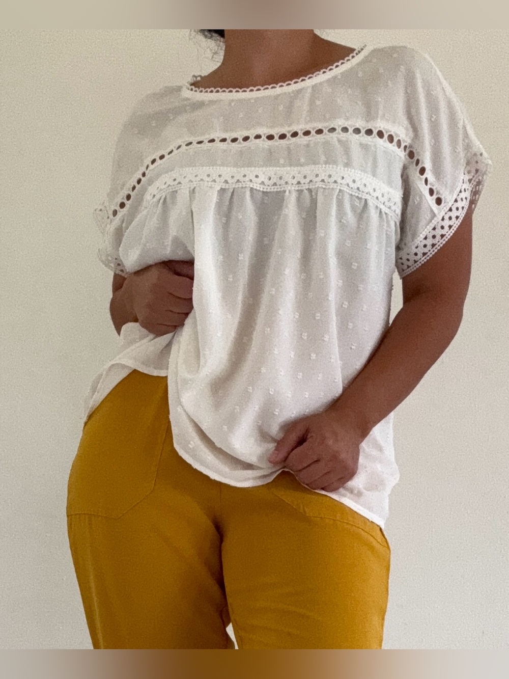 SHEIN White Swiss Dot Crochet Lace Trim Top – Size L